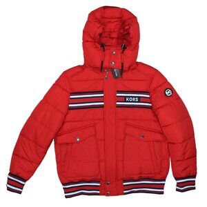 Michael Kors Racing Stripe Accent Hooded Full Zip Men's Puffer Coat L NWT Red